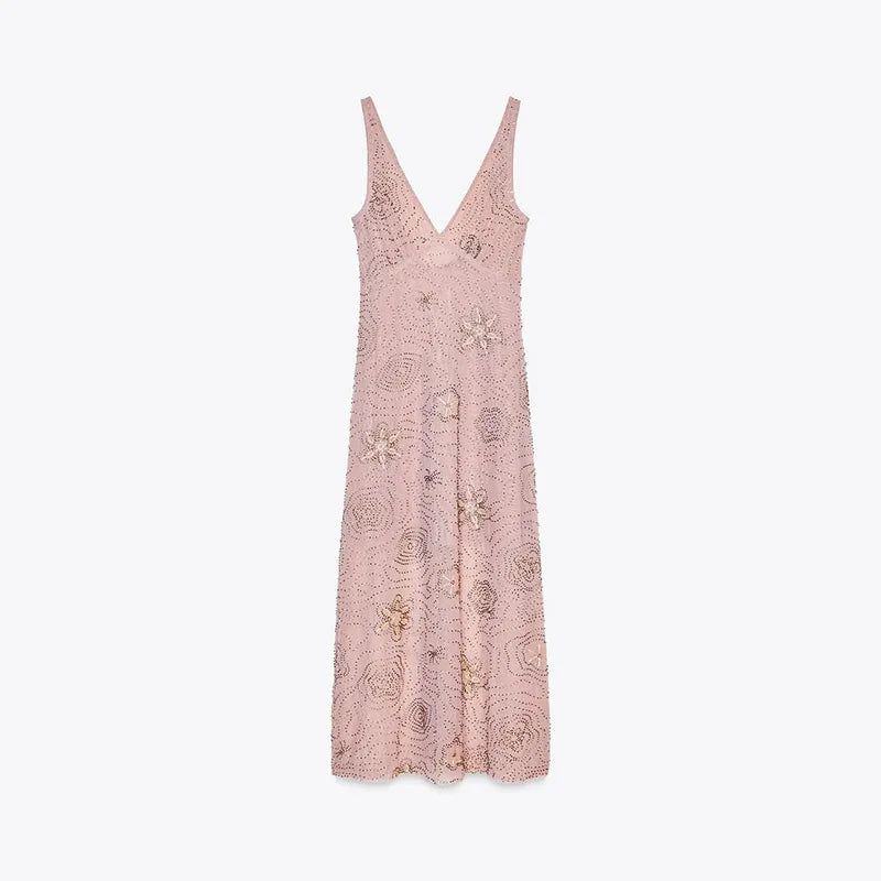 Sexy Beading Sequined Sling Long Dress Women Loose Solid V-neck Sleeveless Ruffled Shiny Dresses 2025 Summer Lady Evening Robes