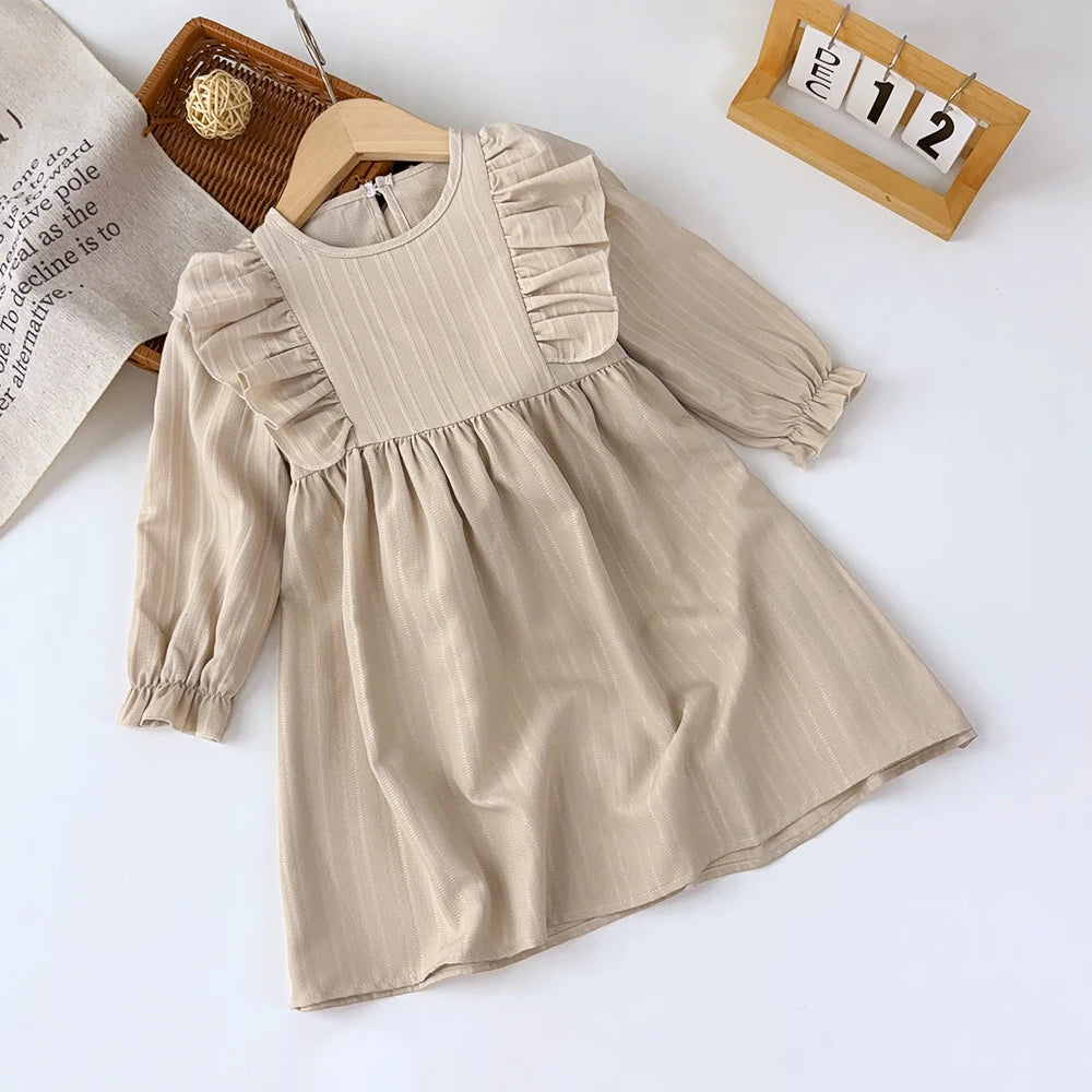 Autumn Kids Dresses for Girls Round Neck Long Sleeved Pleated Edge Solid Color Dress Kids Clothes Children's Daily Casual Wear