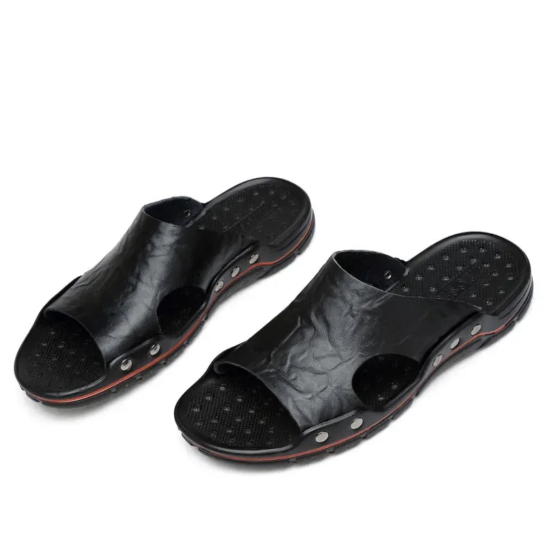 New Summer Slippers Men Sandals Soft Outdoor Slides High Quality Genuine Leather Comfortable Beach Sandals Outdoor Men Shoes