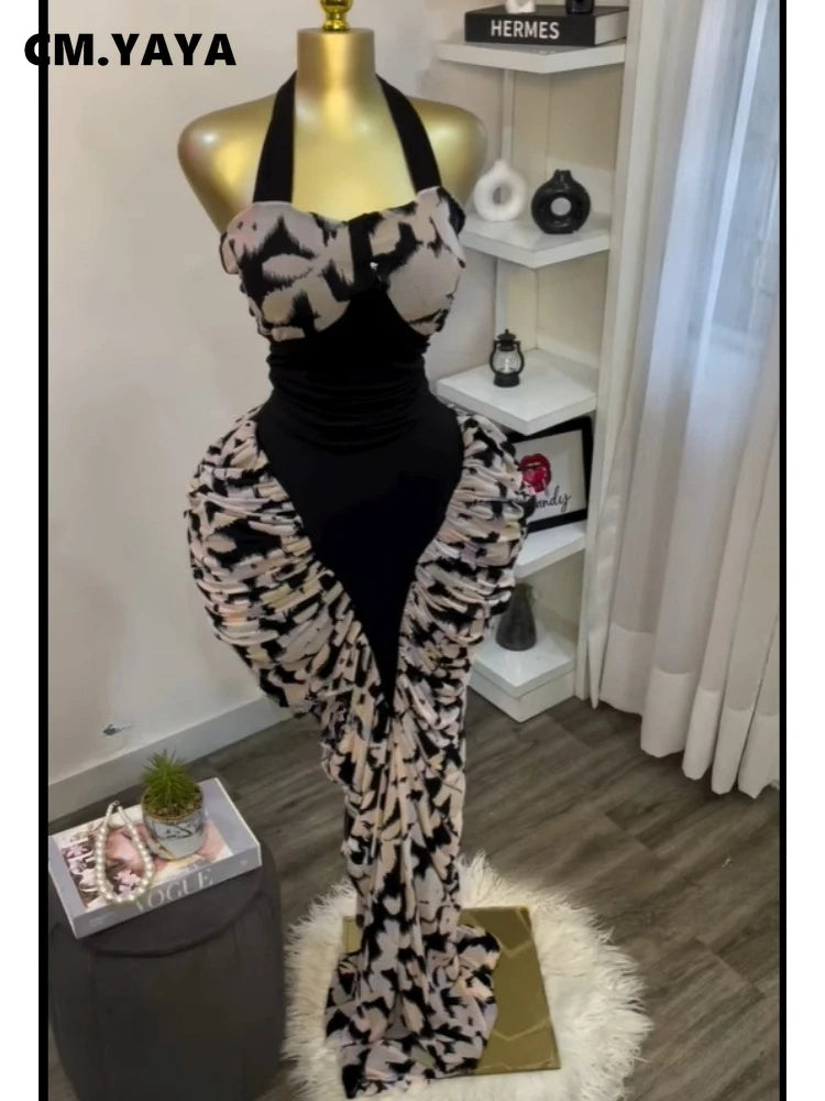 CM.YAYA Women Print Patchwork Stacked Ruched Sleeveless Bodycon Midi Maxi Long Dress 2025 Birthday Vacation Sexy Party Dresses