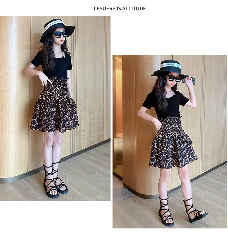 Summer Young Girls Clothes Two Ways To Wear Leopard Print Skirt One-Piece Tube Dress Fashion Children Streetwear Strapless Dress