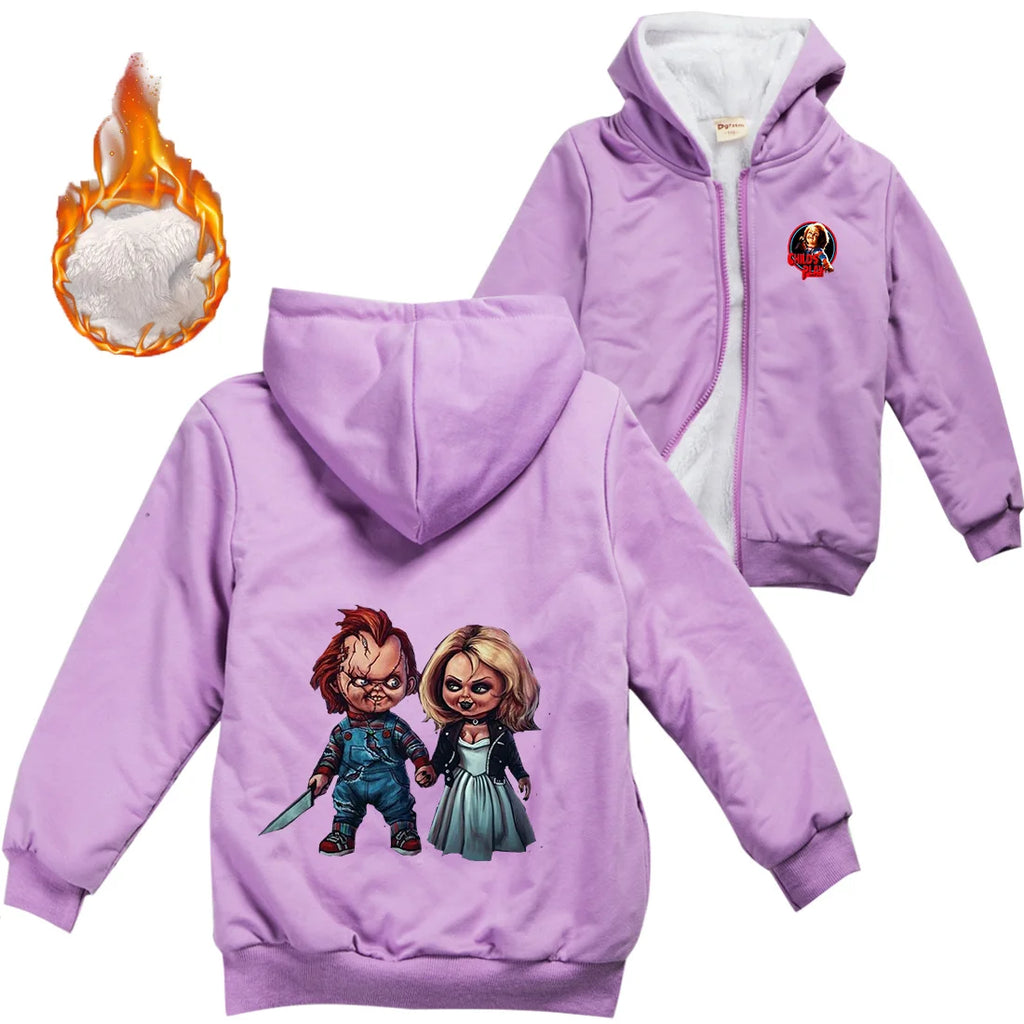 Child's Play Chucky Warm Winter Jacket For Boys Girls with Zipper Children Coat Thicken Hooded Sweater Kids Outerwear