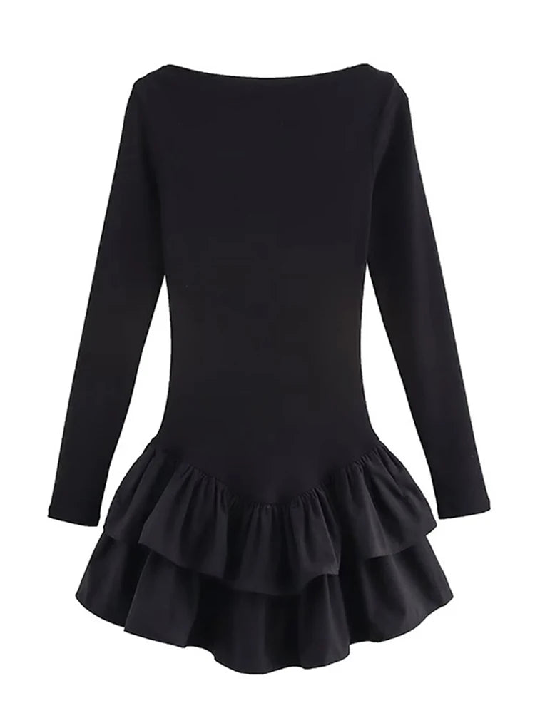 Ruffled Hem Solid Women Dresses Elegant Long Sleeve High Waist O-neck Lady Mini Dress 2025 Spring Chic Street Party Female Robes