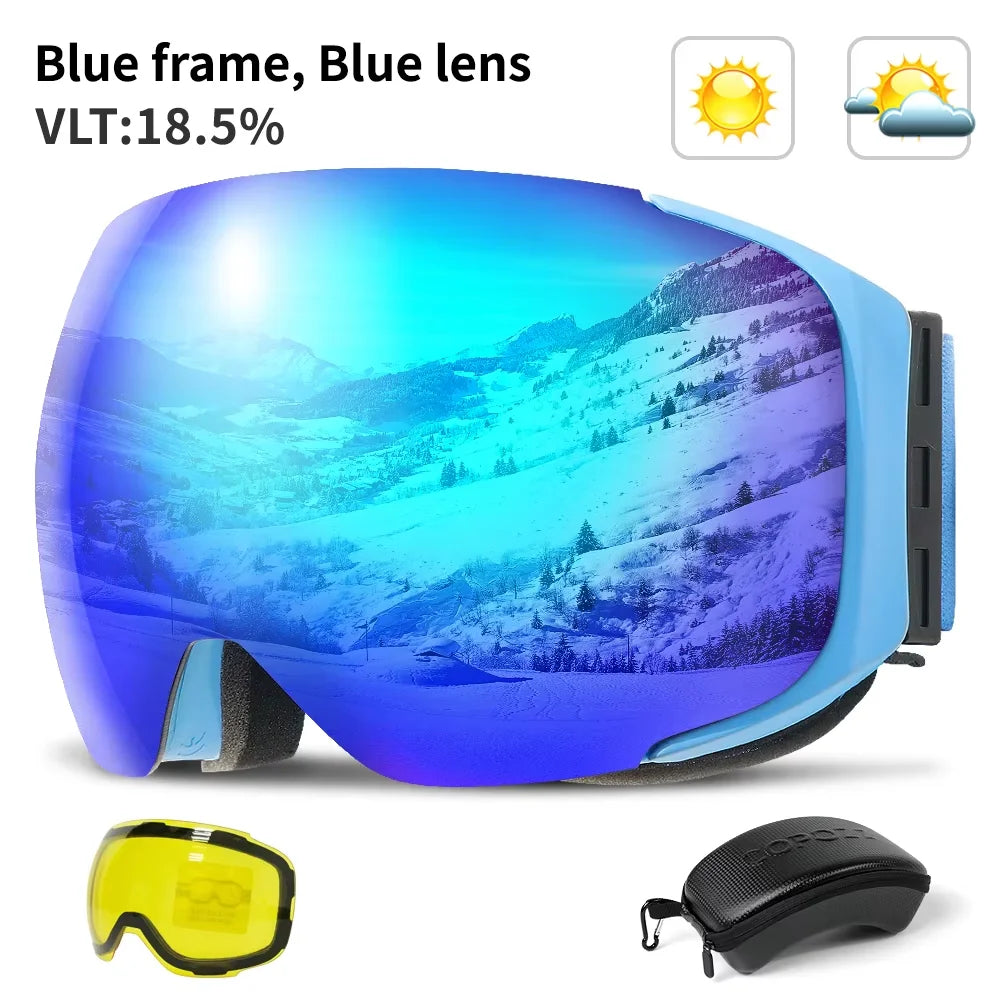 COPOZZ Magnetic Ski Goggles with Quick-Change Lens and Case Set 100% UV400 Protection Anti-fog Snowboard Goggles for Men & Women