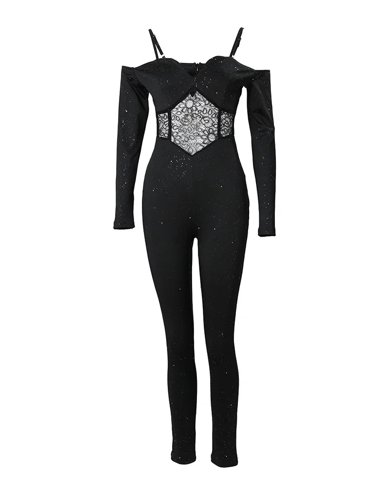 Cold Shoulder Contrast Lace Corset Jumpsuit Women High Waist Fashion Spring Summer Ankle Length Jumpsuits Overall Pants
