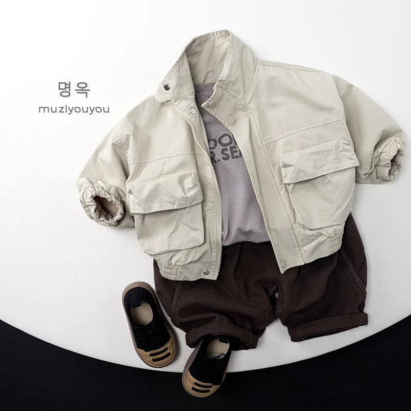 2026 Autumn New Children Casual Coat Girls Zipper Jacket Solid Baby Loose Outerwear Cotton Boys Work Coat Kids Clothes