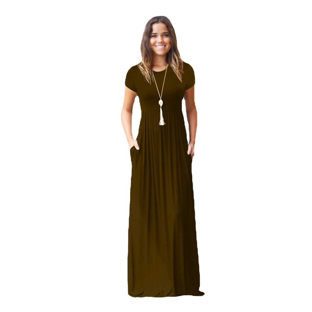 Women Summer Dress Casual Solid Color O Neck Loose Short Sleeve Pocket floor-length Long Woman Maxi Dresses Vestidos SLBZ352