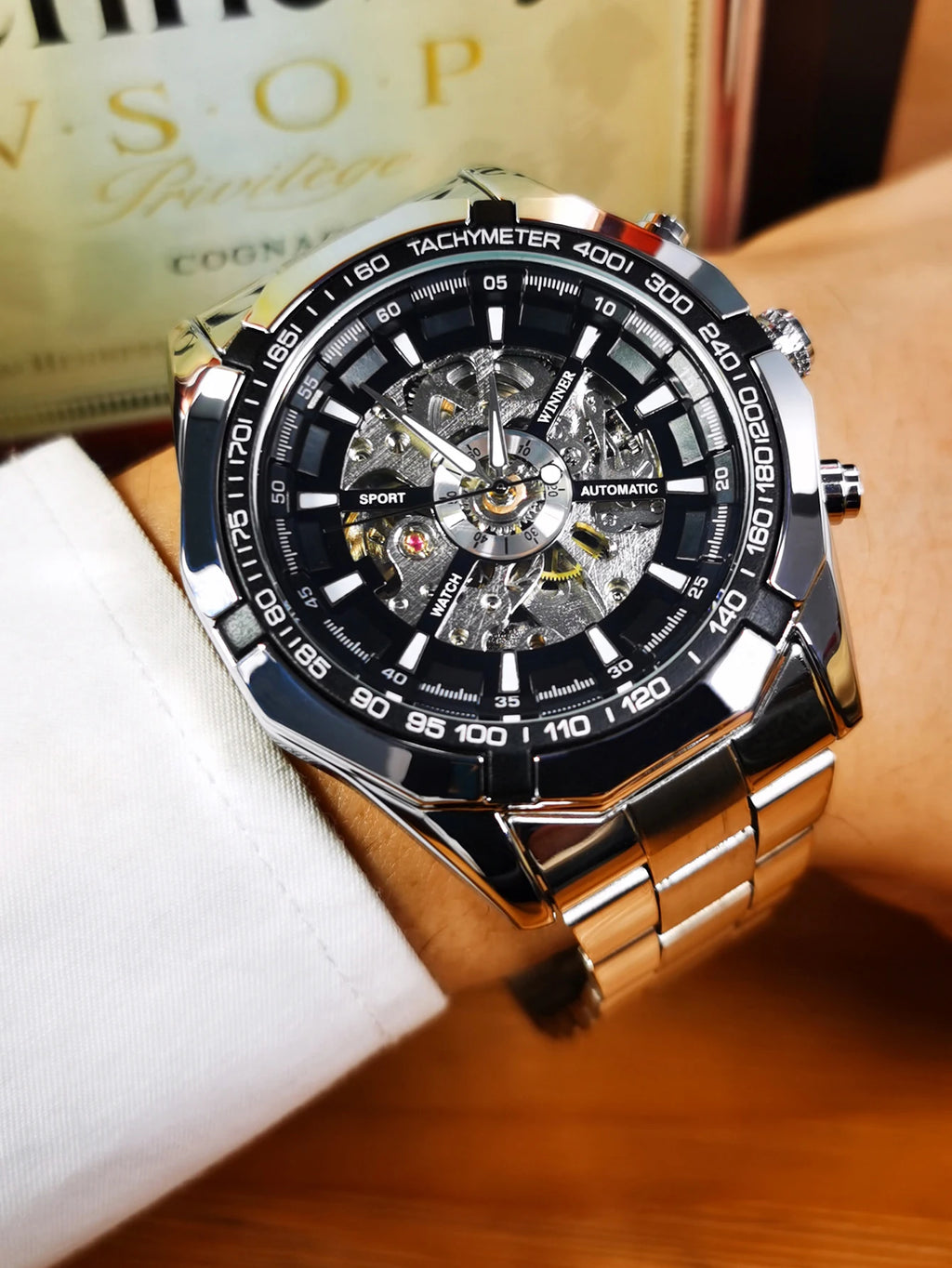 WINNER Fashion Skeleton Watch for Men Luminous Hand Classsic Mechanical Watches Stainless Steel Band Luxury Forsining Wristwatch