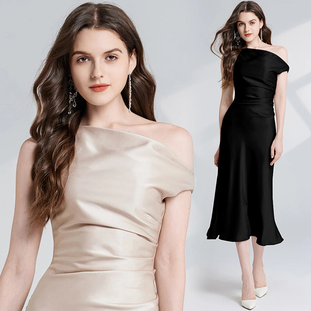 French Summer Autumn Fashion Acetate Satin Evening Dress Women Sexy Slash Neck Pencil Mermaid Long Prom Dresses Lady Gown