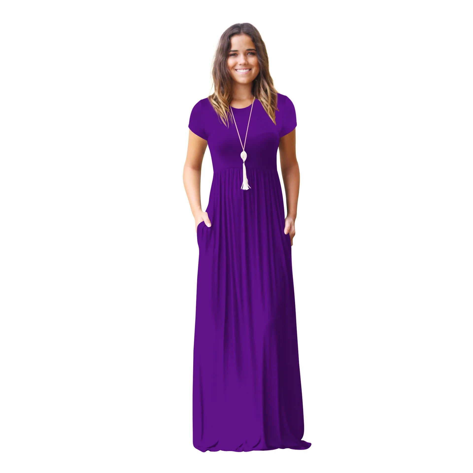 Women Summer Dress Casual Solid Color O Neck Loose Short Sleeve Pocket floor-length Long Woman Maxi Dresses Vestidos SLBZ352
