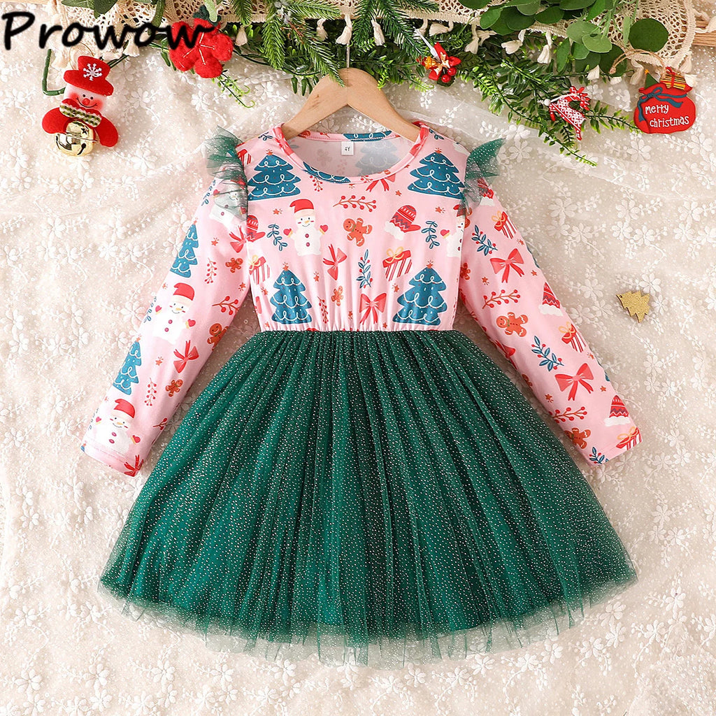 4-7Y Kids Christmas Dresses For Girls Bow Green Xmas Tree Hoodies Dress For New Year Kids Girl Evening Dress Festival Clothing