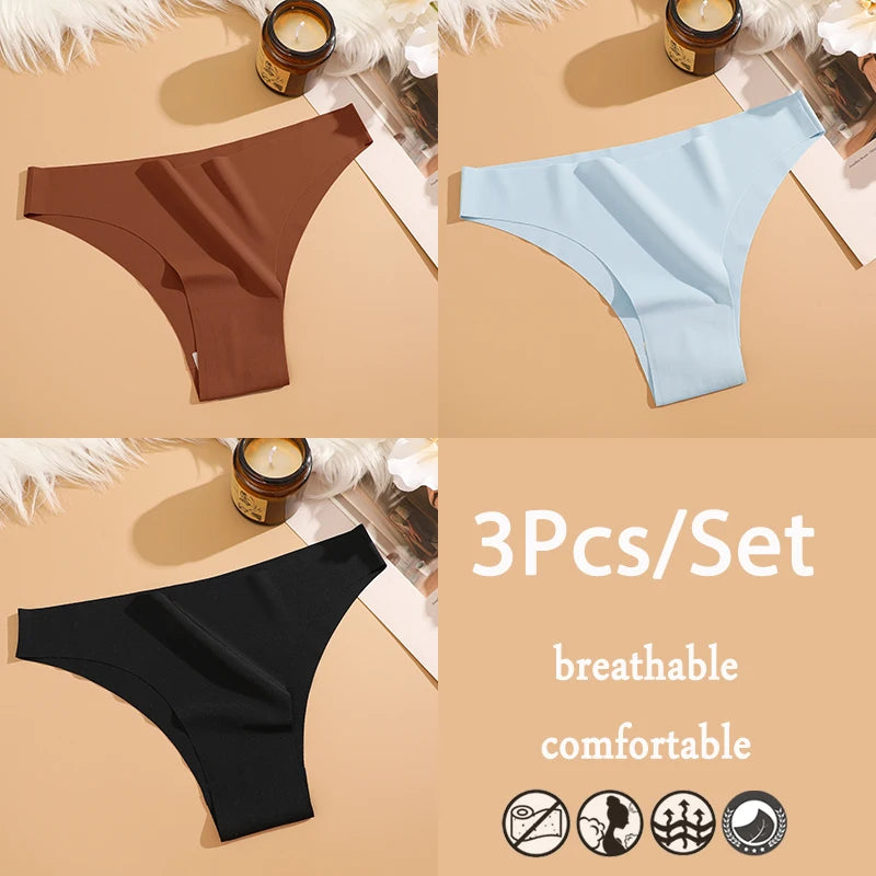 3Pcs/Set Ice Silk Seamless Underwear For Women Low Waisted Brazilian Pants Breathable High Elasticity Lingerie Intimates Panties
