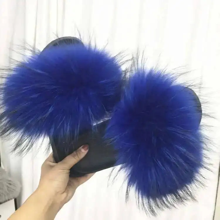 Real Raccoon Fur Slippers For Women 2023 Summer Fluffy Indoor House Fuzzy Flat Slides Outdoor Fashion Beach Sandals Flip Flops