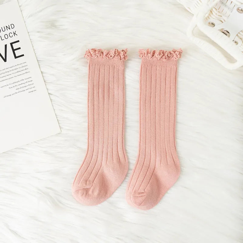 Ruffle Kids Knee High Socks Baby Girls Toddlers Long Soft Cotton Sock Lace Flower Children Princess Uniform Socks For 0-8Years