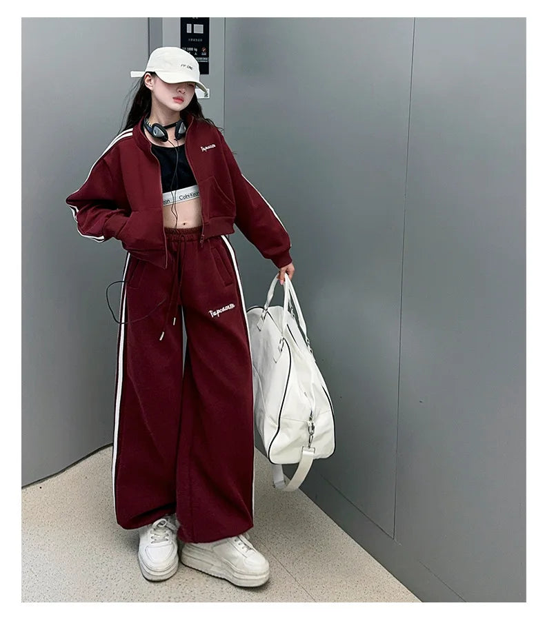 2026 autumn girls Clothes Children Suit Teenager zipped jacket Narrow crop top + wide leg high waist pants 4 5 8 10 11 12 year