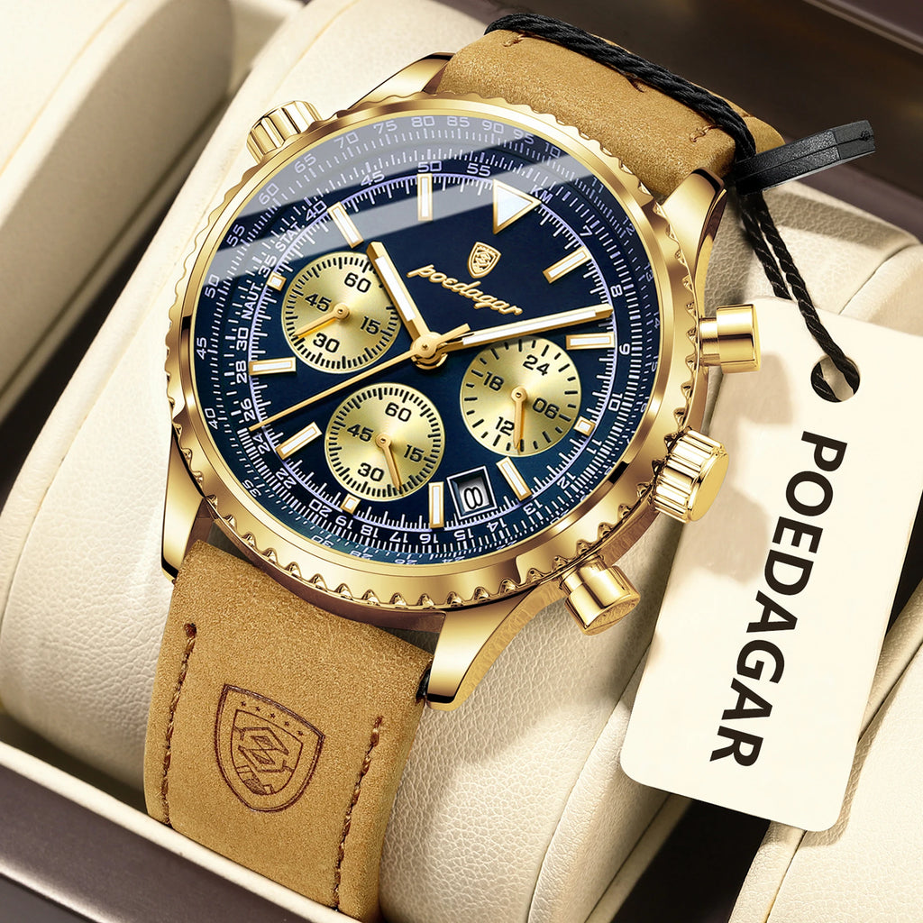 POEDAGAR Luxury Business Men's Watch Waterproof Luminous Date Chronograph Leather Man Clock Fashion Quartz Watches For Men Reloj