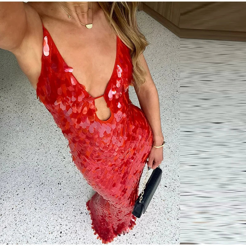 Sexy Sequined Women's Dress Hollow Out Backless V-Neck Slip Top Lady Long Dresses 2026 Spring Summer Female Holiday Robe New