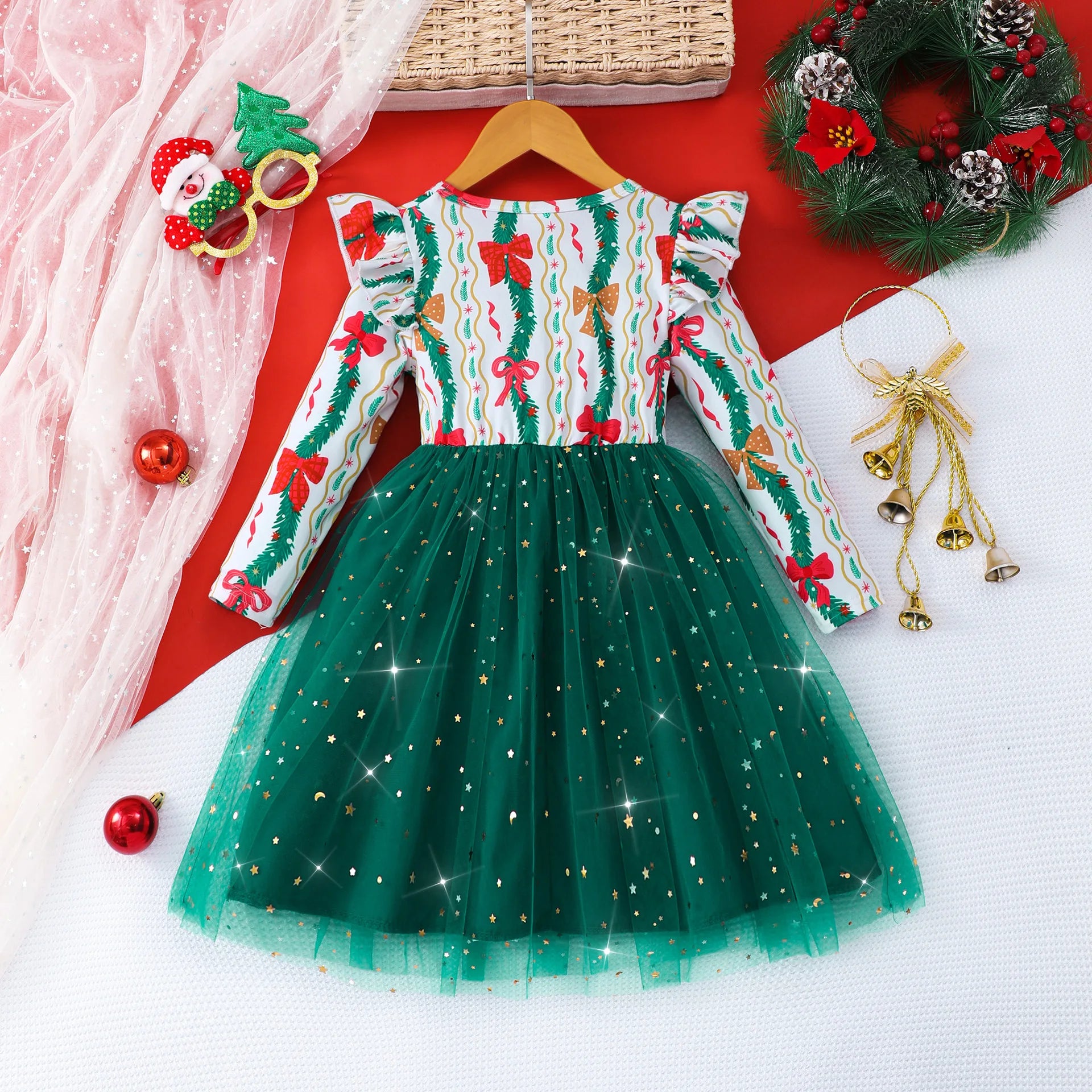 4-7Y Kids Christmas Dresses For Girls Bow Green Xmas Tree Hoodies Dress For New Year Kids Girl Evening Dress Festival Clothing