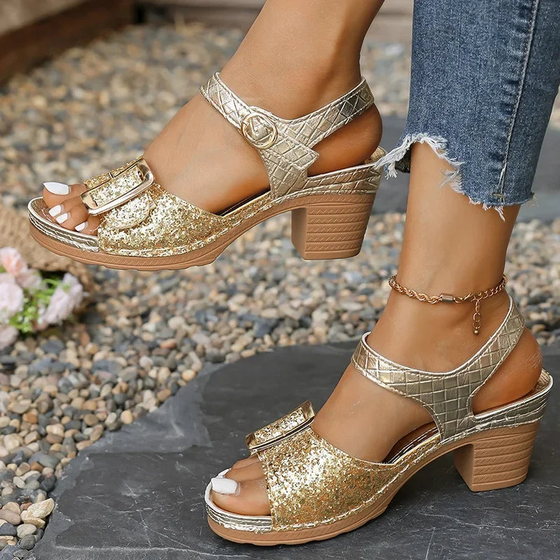 Women's Shiny Sequin Gold High Heels Sandals 2025 Summer Ankle Buckle Beach Sandals Woman Plus Size 43 Light Gladiator Shoes
