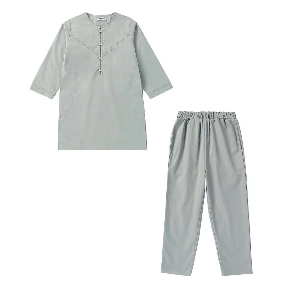 Muslim Children Robe 2 Pieces Set Kids Boy Round Neck Long Sleeve Printed Dress Shirt Abaya Kaftan Jubba Thobe Islamic Clothing