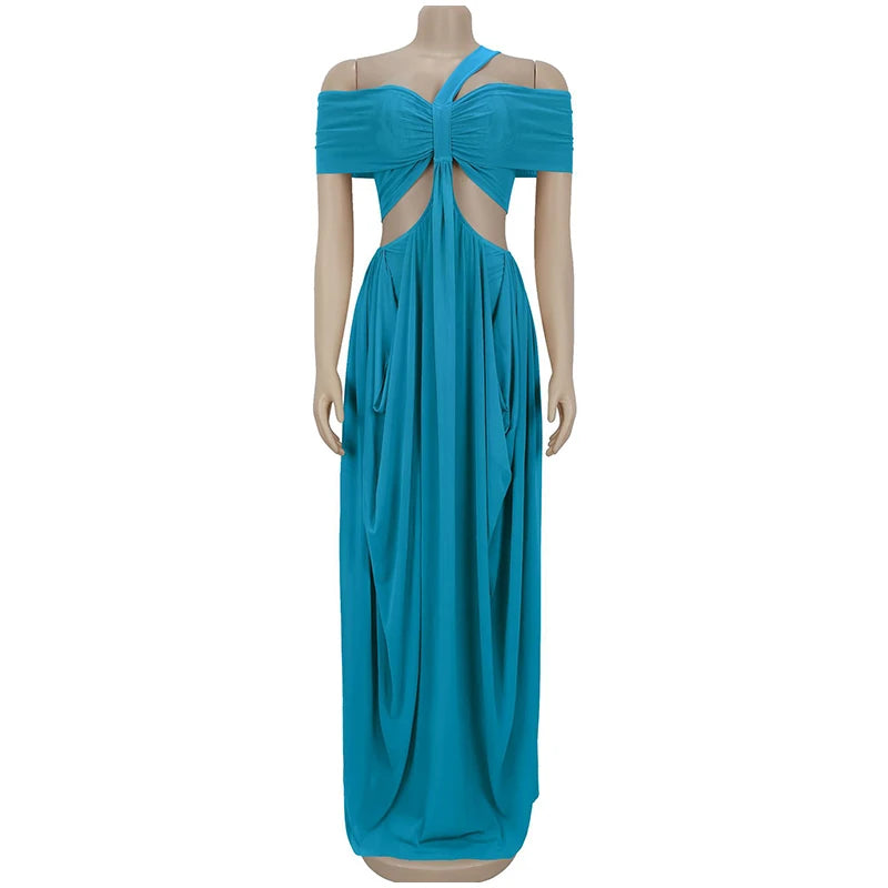 Sexy Beach Long Dress Women Hollow Out Backless Fold A Line Vestidos Female 2025 Summer Fashion Chic Solid High Waist Dresses