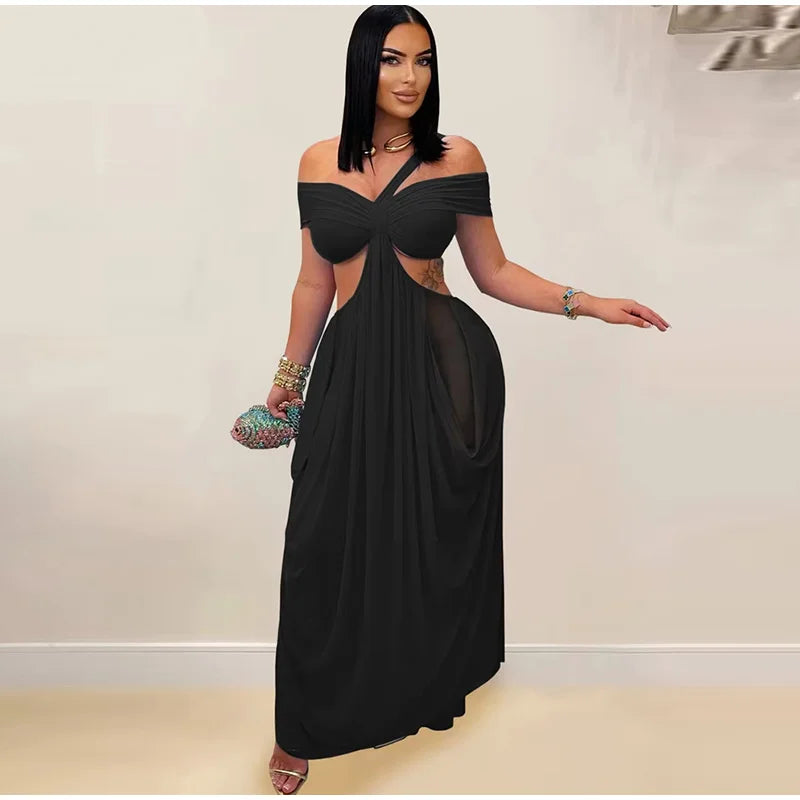Sexy Beach Long Dress Women Hollow Out Backless Fold A Line Vestidos Female 2025 Summer Fashion Chic Solid High Waist Dresses