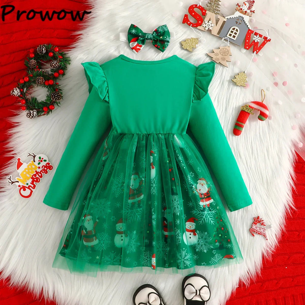 4-7Y Kids Christmas Dresses For Girls Bow Green Xmas Tree Hoodies Dress For New Year Kids Girl Evening Dress Festival Clothing