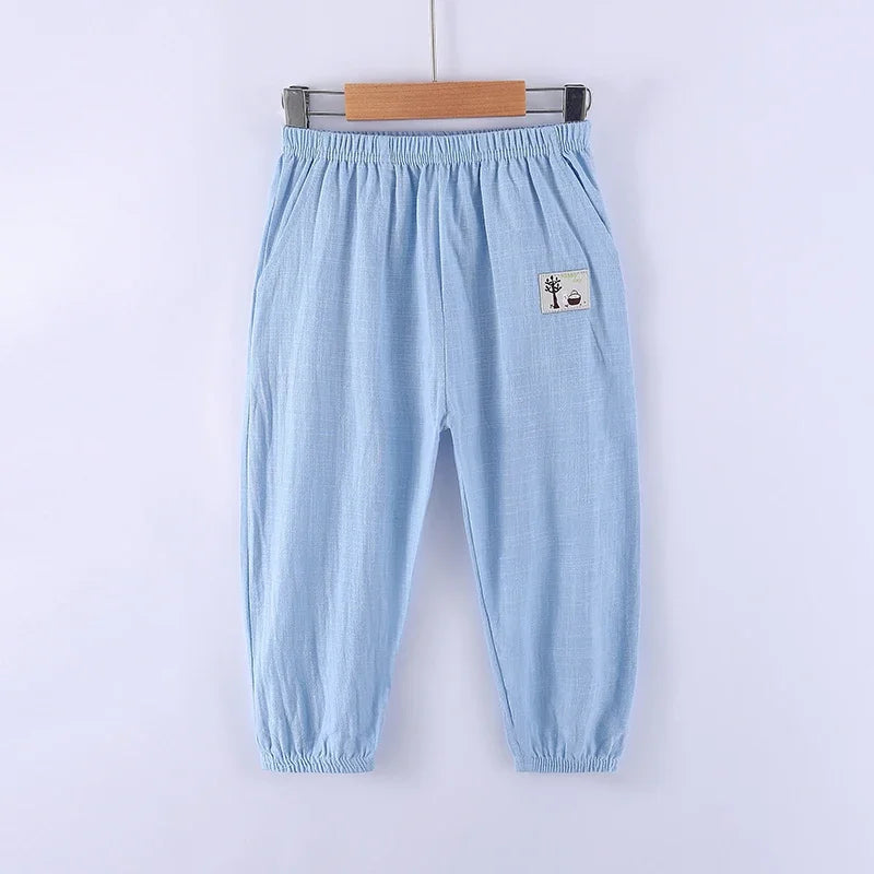 Children Trousers For Boys Girls Cotton Linen Elastic Waist Solid Color Summer Mosquito Pants Kids Clothing Long Pants 100-160cm
