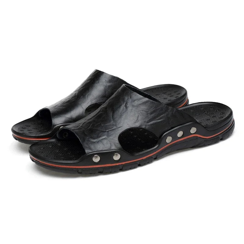 New Summer Slippers Men Sandals Soft Outdoor Slides High Quality Genuine Leather Comfortable Beach Sandals Outdoor Men Shoes