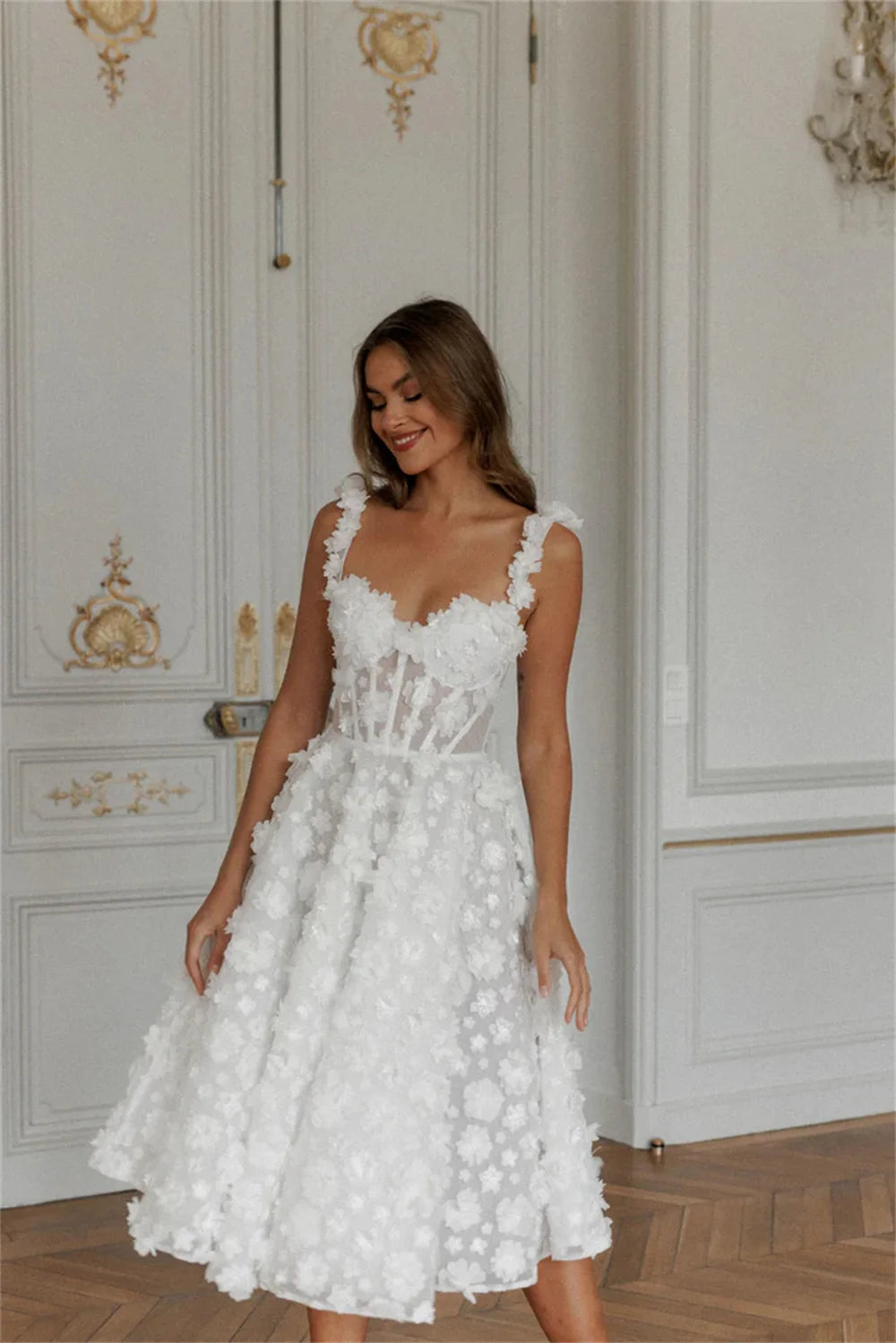 Amanda Lace Spaghetti Strap A-Line robes de soirée V Neck Knee-Length Evening Dresses Applique Valentines Day Wedding Dress