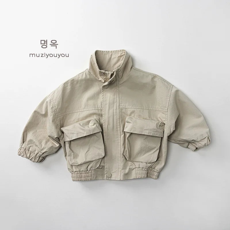 2026 Autumn New Children Casual Coat Girls Zipper Jacket Solid Baby Loose Outerwear Cotton Boys Work Coat Kids Clothes