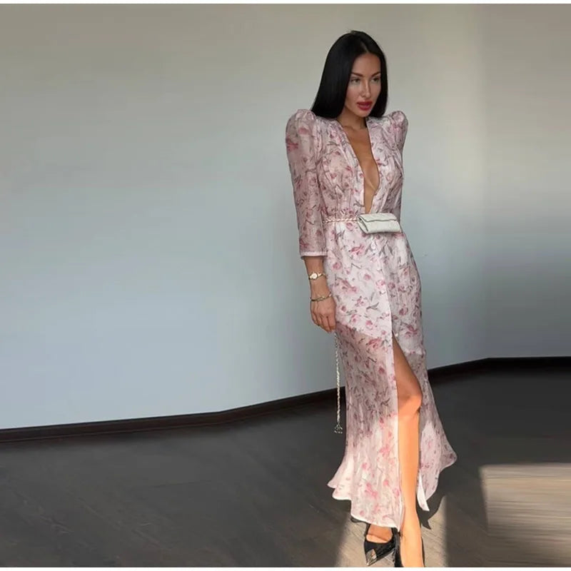 Floral Print Sheer Chiffon Dress Deep V-neck Single Breasted Split Bodycon Mermaid Gown 2026 Summer Chic Elegant Party Dresses