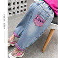 Girls Ripped Jeans Spring Autumn New Children Aging Denim Pants Fashion 2-10Y Kid's Straight Pants Cute Letter Trouser