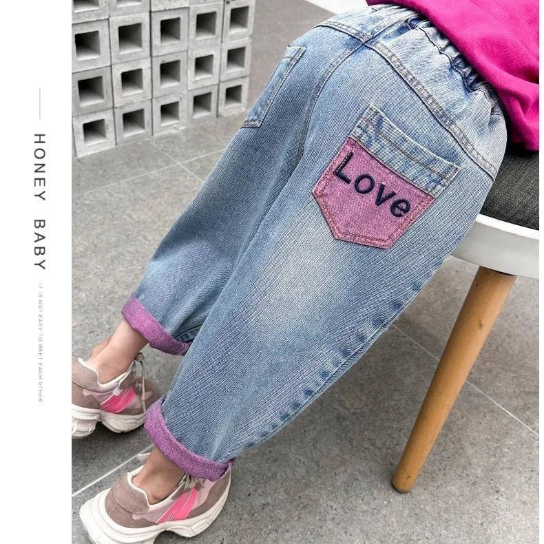 Girls Ripped Jeans Spring Autumn New Children Aging Denim Pants Fashion 2-10Y Kid's Straight Pants Cute Letter Trouser