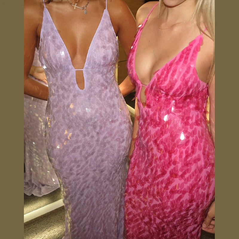 Sexy Sequined Women's Dress Hollow Out Backless V-Neck Slip Top Lady Long Dresses 2026 Spring Summer Female Holiday Robe New