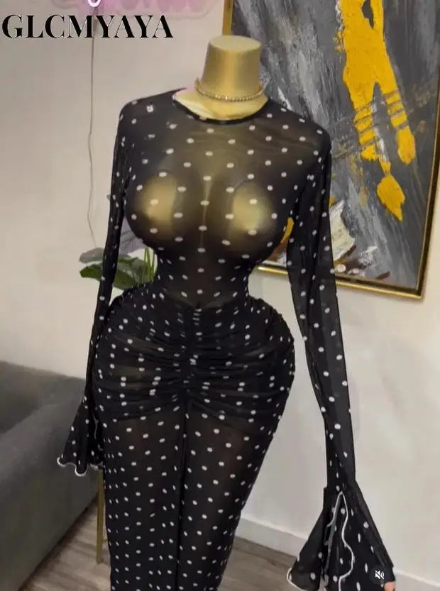 CM.YAYA Women Flare Long Sleeve Stacked Dot Mesh See Though with Lining Maxi Long Dress 2025 Evening Birthday Sexy Party Dresses