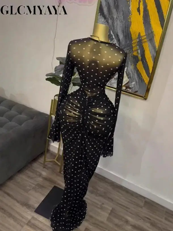 CM.YAYA Women Flare Long Sleeve Stacked Dot Mesh See Though with Lining Maxi Long Dress 2025 Evening Birthday Sexy Party Dresses