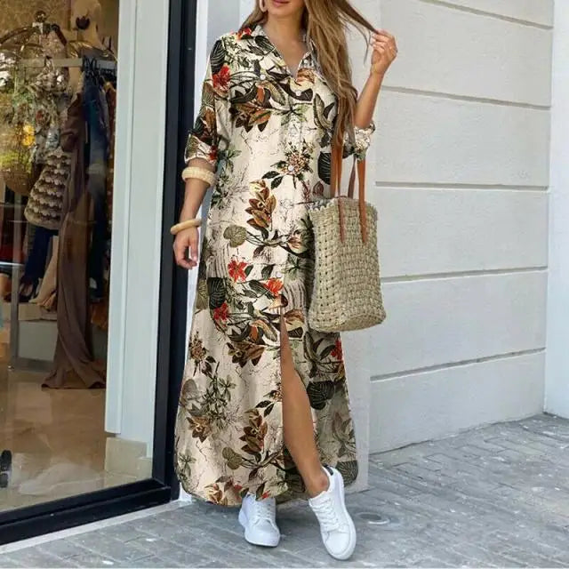 New Autumn Long Dress Long Sleeve Shirt Dress Women Denim Long Dresses Pocket Button Shirt Print Dress Casual Loose Dresses 2023