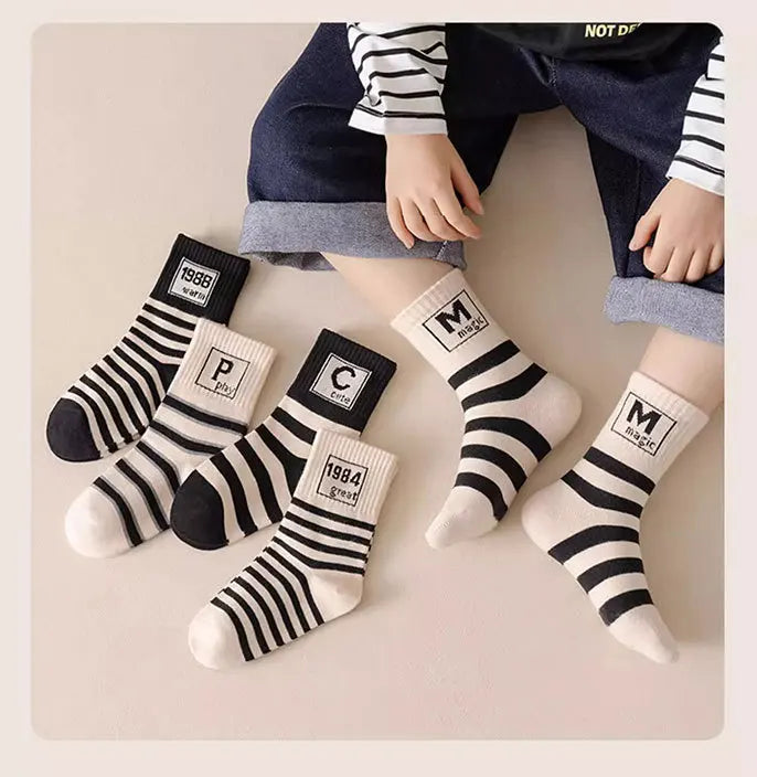 5 pairs Spring Socks Kids Cotton Socks Mid Calf Socks Striped Letter Pattern Children Sporty Socks Boys Socks