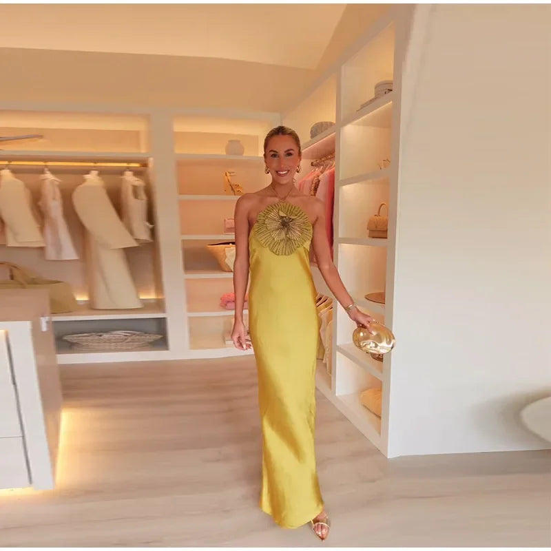 Elegant 3d Floral Dress Women Holiday Party Sexy Slim Fit Halter Neck Sleeveless Backless Evening Dresses 2025 Summer Lady Robes