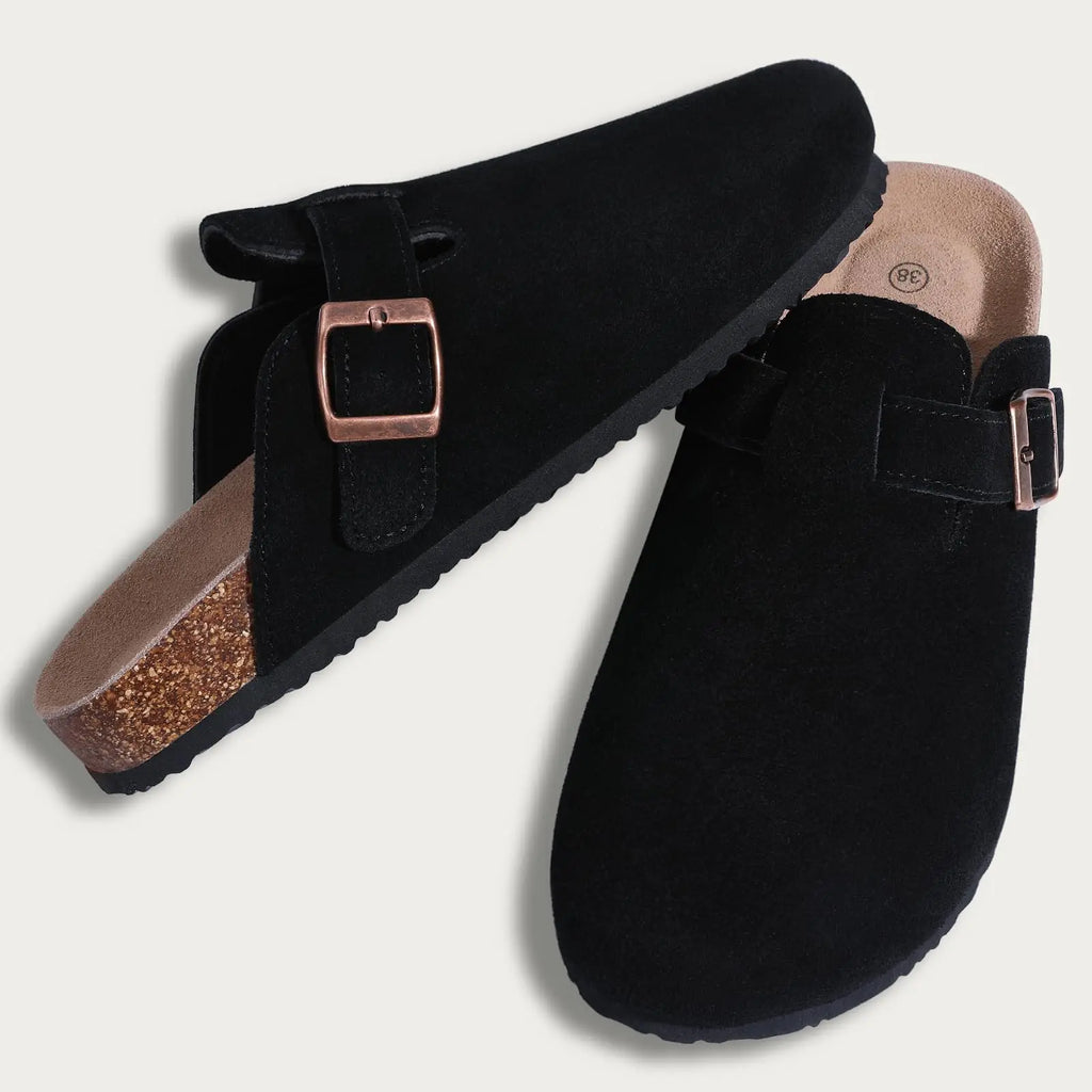 Comwarm Buckle Clogs For Women Men New Genuine Suede Clogs with Arch Support Soft Cork Footbed Mules Fashion Thick Beach Sandals