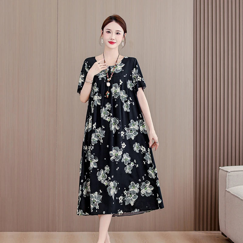 New Casual Fashion 2025 Summer Dress For Women Floral Printing Short Sleeve Elegant Vintage O-Neck Dresses Women Clothing