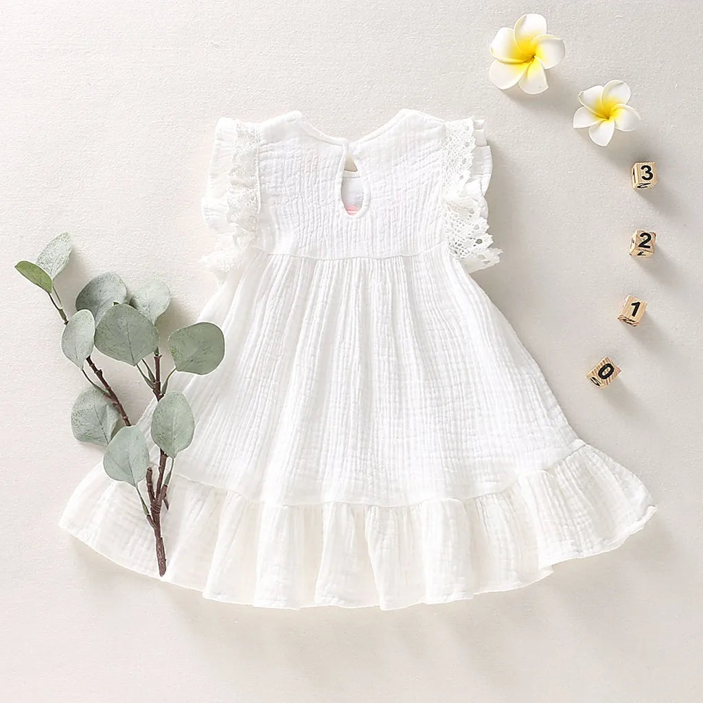 Infant Baby Girls Cotton Linen Dresses Pleated Short Sleeve Delicate Embroidery Swing White Dress Summer Leisure Dress