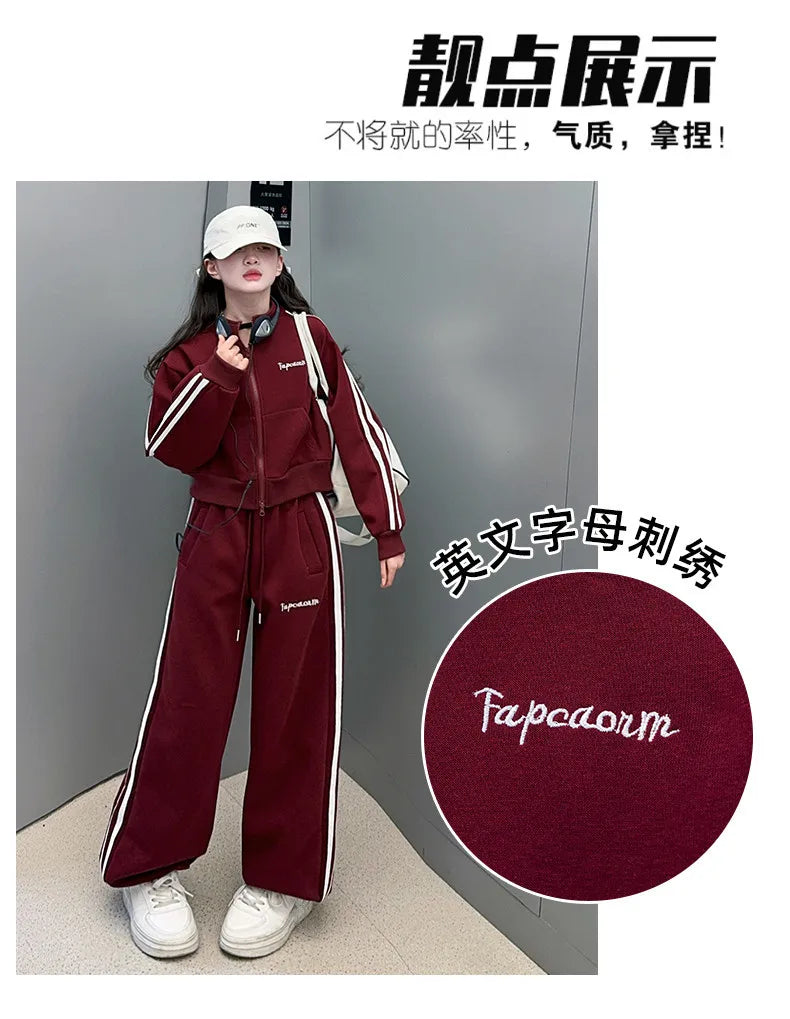 2026 autumn girls Clothes Children Suit Teenager zipped jacket Narrow crop top + wide leg high waist pants 4 5 8 10 11 12 year