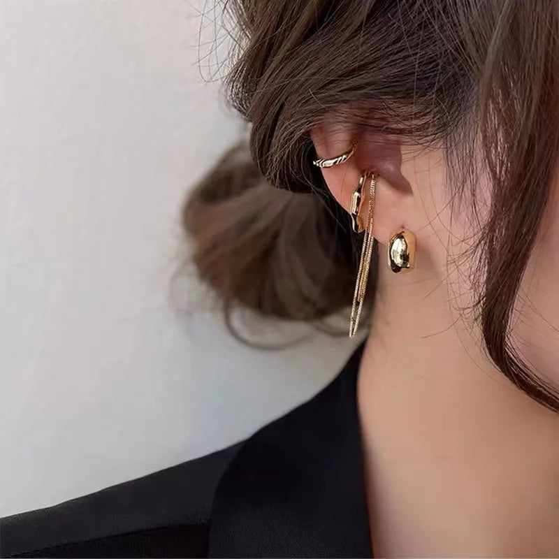 4PCS/SET New Design Gold Silver Color Metal Geometric Irregular Tassel Chain Clip Earrings for Women Non Pierced Ear Cuff 2023