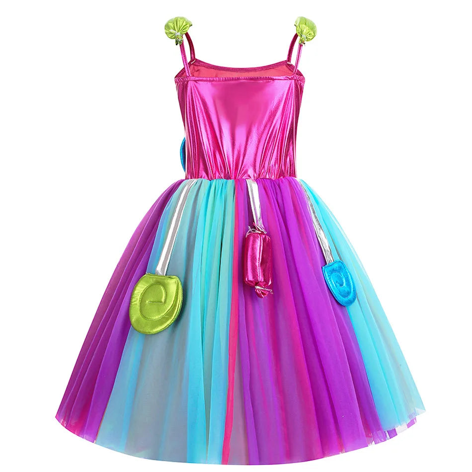Girls Rainbow Lollipop Costume Princess Dress Purim Festival Candy Vestido Fancy Carnival Birthday Children Fantasy Wings Outfit