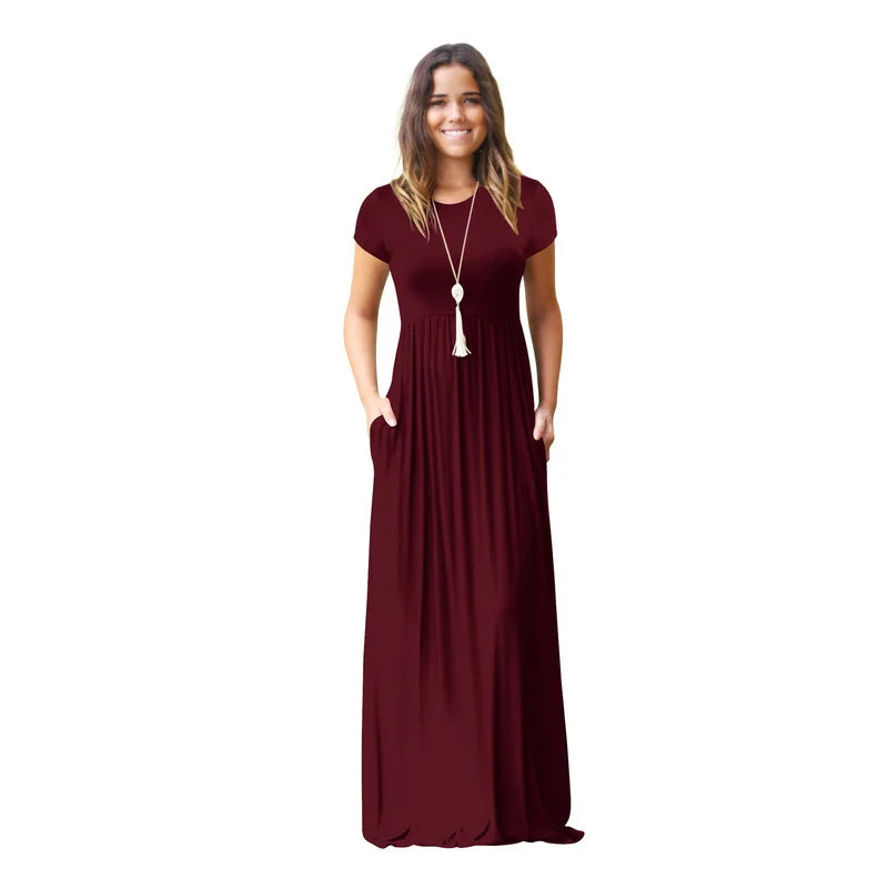 Women Summer Dress Casual Solid Color O Neck Loose Short Sleeve Pocket floor-length Long Woman Maxi Dresses Vestidos SLBZ352