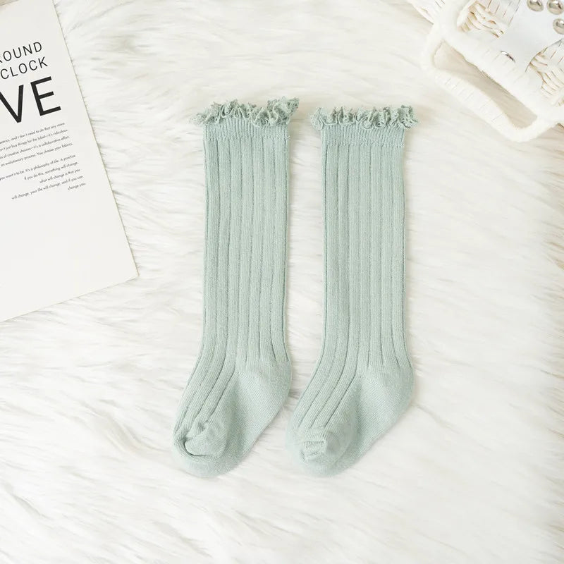 Ruffle Kids Knee High Socks Baby Girls Toddlers Long Soft Cotton Sock Lace Flower Children Princess Uniform Socks For 0-8Years