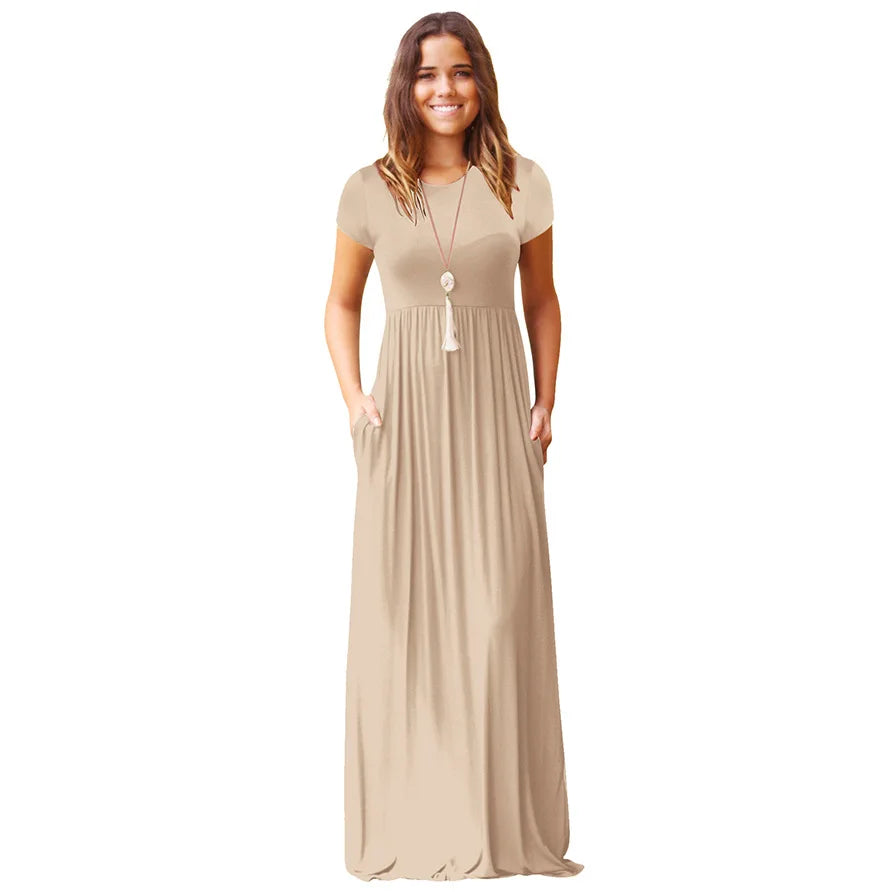 Women Summer Dress Casual Solid Color O Neck Loose Short Sleeve Pocket floor-length Long Woman Maxi Dresses Vestidos SLBZ352