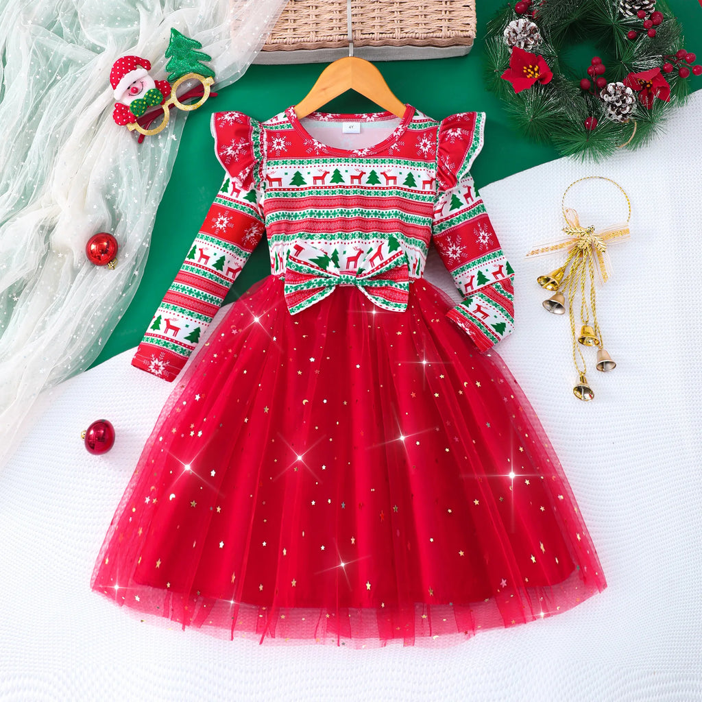 4-7Y Kids Christmas Dresses For Girls Bow Green Xmas Tree Hoodies Dress For New Year Kids Girl Evening Dress Festival Clothing